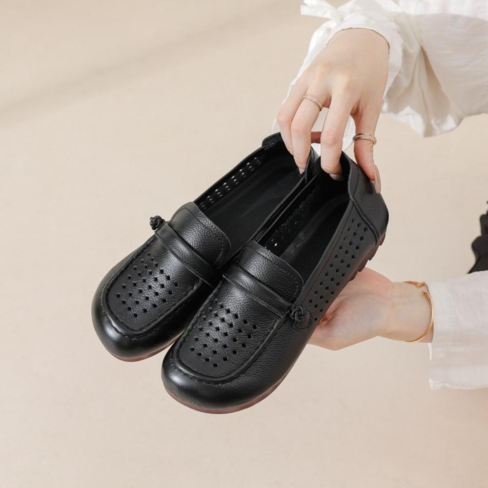 Genuine Cowhide Mom Shoes, Versatile Hollow Cutout Flat Casual Leather Shoes, Summer Soft‑Sole Breathable Slip‑on Shoes SA‑998‑1