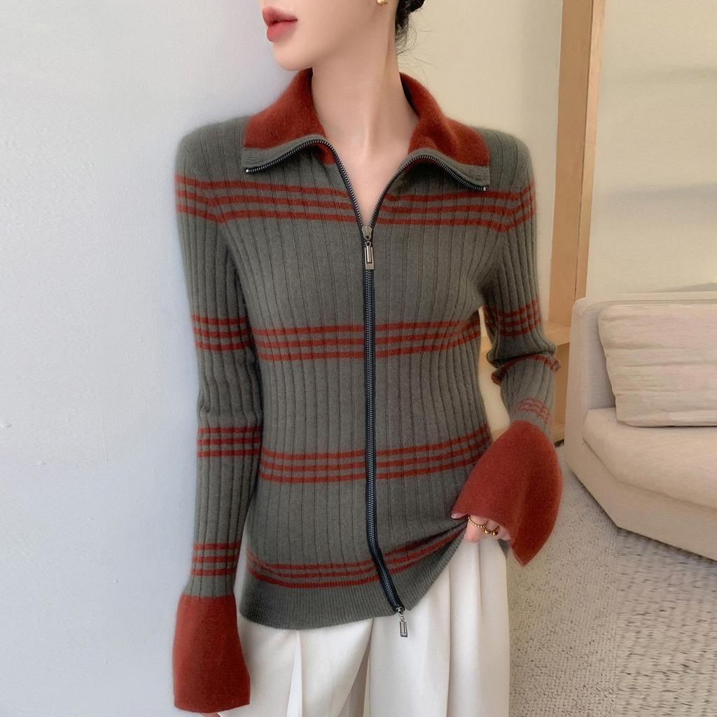 Color Block Slim Fit Cashmere Cardigan - Women's High Collar Zipper Sweater.