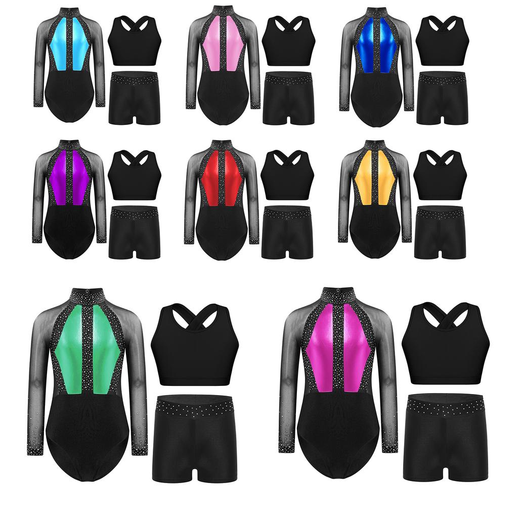 Mädchen Gymnastik Tanz Outfit Netz Langarm Strassstein Unitard Kreuzrücken Weste Bund Shorts