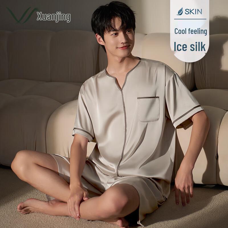 Men s Luxury Ice Silk Short Sleeve Pajama Set M