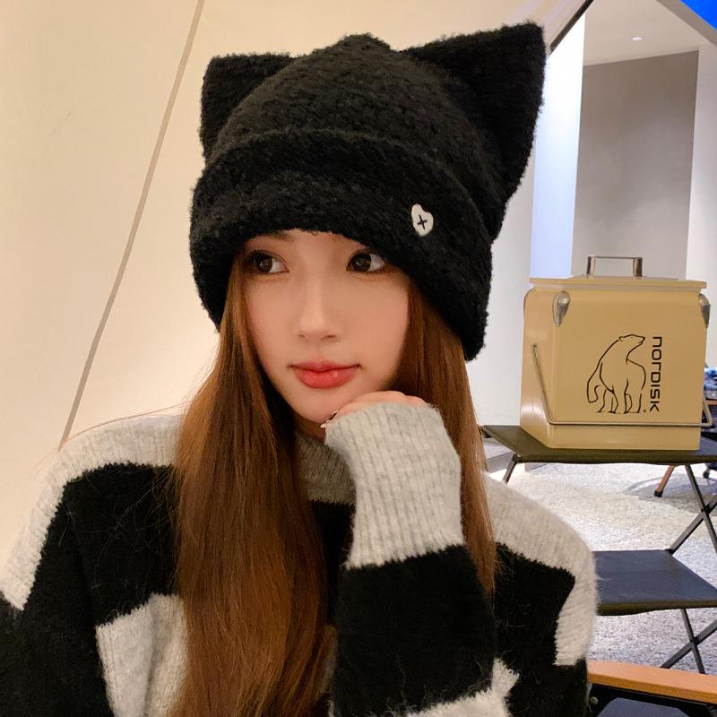 Cartoon sweet cute cat ears knitted hat women's autumn and winter warm ear protection love pullover hat
