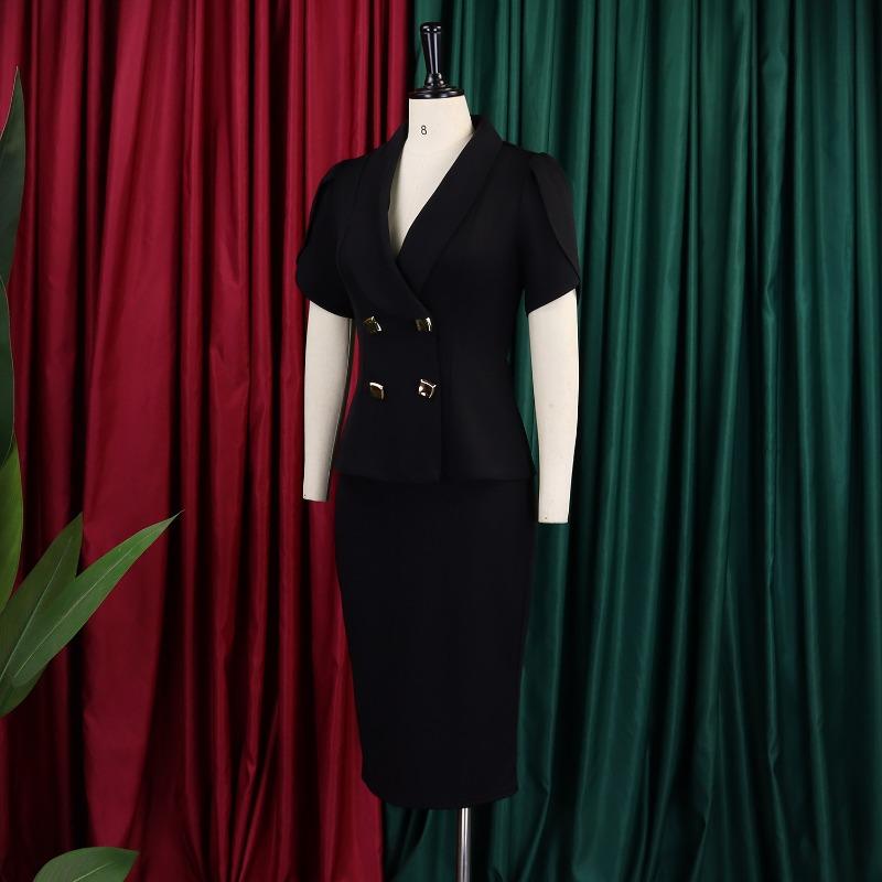 Women Plus Size Turn Down Collar Elegant Casual Two Piece Skirt Suit