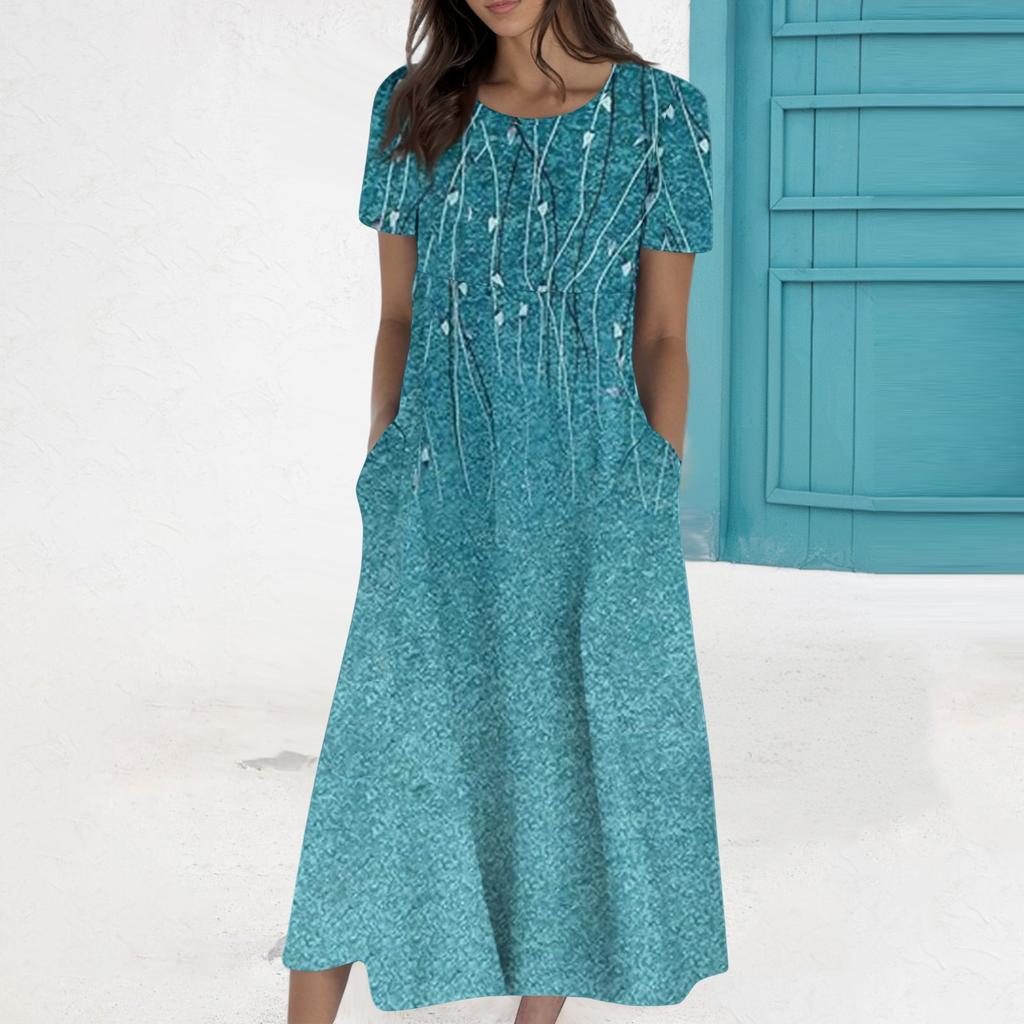 Women's Summer Casual Fashion Printed Short Sleeve Round Neck Pocket Dress