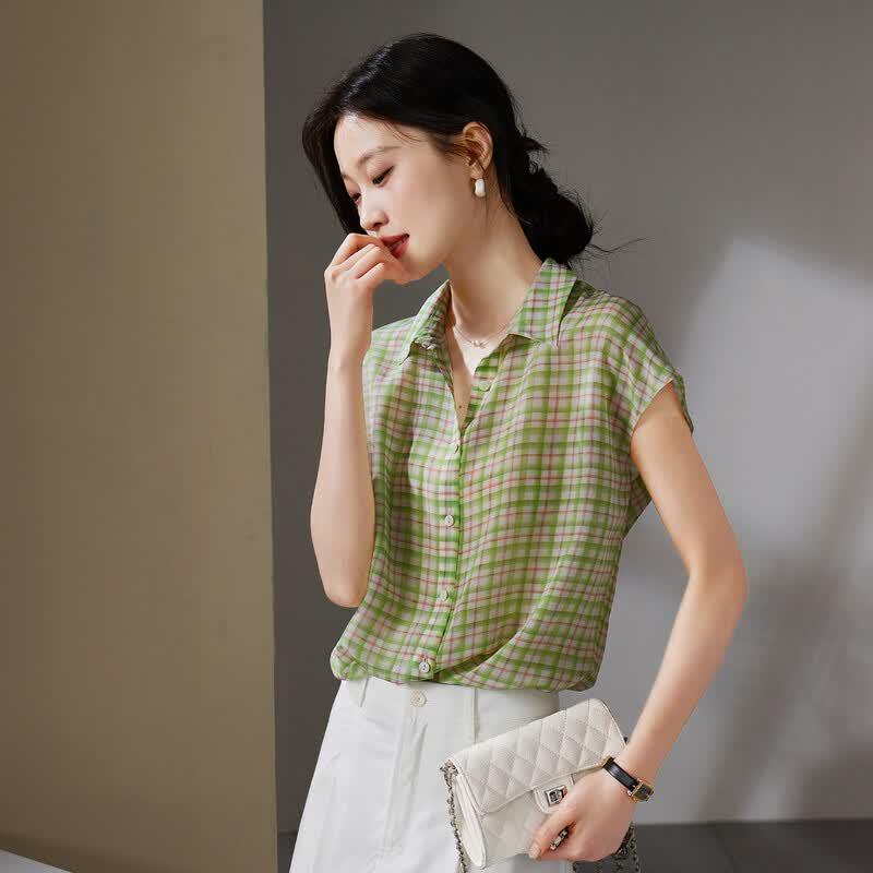 SOFSIL 2026 Summer Silk Plaid Short-Sleeve Lapel Shirt M