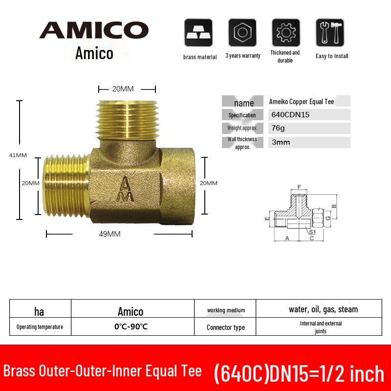 

Оригінальний латунний трійник Aimeco, 4-ходовий, рівнодіаметровий, для водопровідних труб, потовщені внутрішня та зовнішня різьби (Модель 640A)
