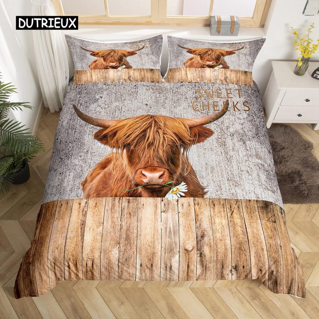 Kuh Bettbezug Set Twin King Size Bauernhoftier Bettwäsche Set Grüner Rankenblätter Druck Bettdeckenbezug Rustikale Holzbrett Steppdecke