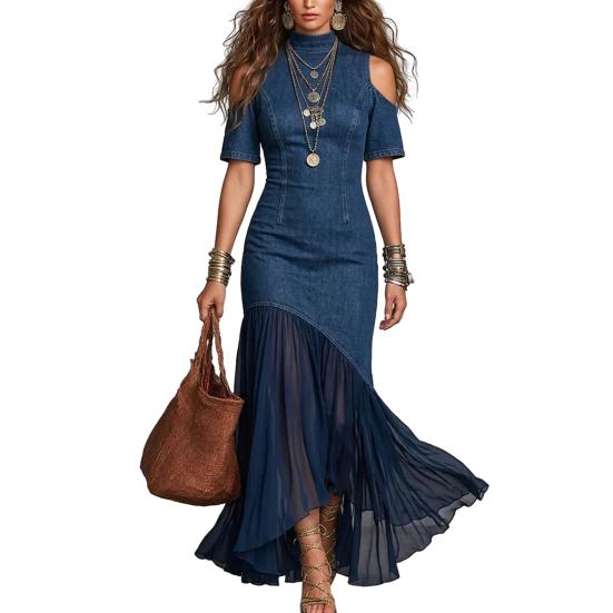 Women Denim Dress Mesh Patchwork Mock Neck Jeans Midi Dress Short Sleeve Cutout A-Line S