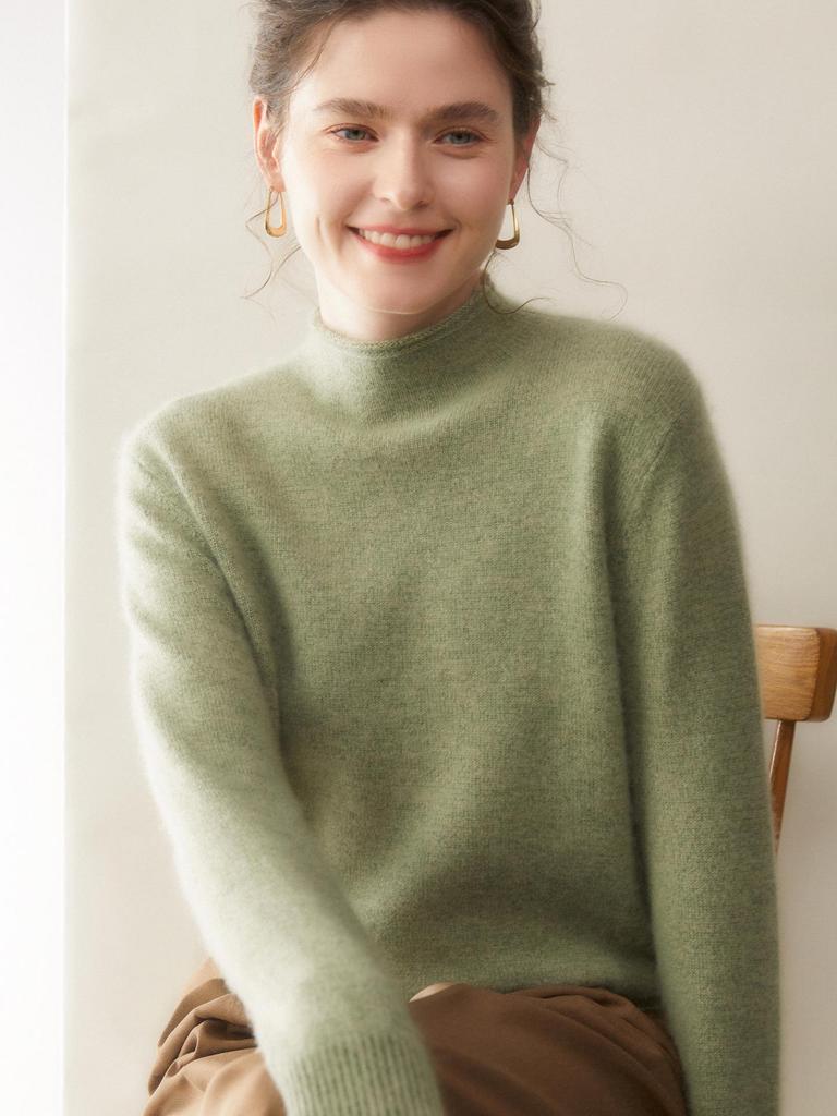 Women's Solid Color Cashmere Sweater: Floral Yarn, Half-High Neck, Rolled Hem Knit Base Layer Top.