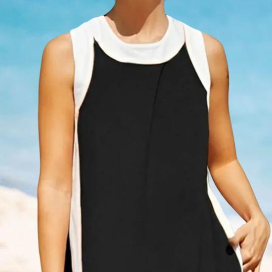 Two Piece Set for Women Summer Boho Color Block Outfits Sleeveless Crewneck Side Slit Mini Dress Casual Lounge Short Sets