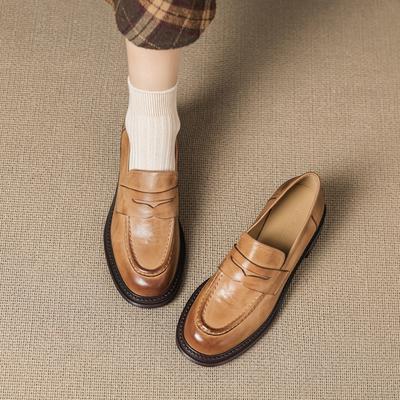 Fashion NEW Autumn/Spring Women Loafers Genuine Leather Shoes for Women Round Toe Low Heel Shoes Retro Slip-on Women Pumps Daily Shoes