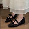 Korean version of celebrity style polka dot bow soft sole not tired feet single shoes spring and summer satin high-end Mary Jane shoes