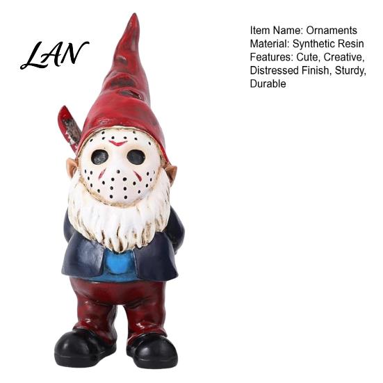 Handmade Realistic Figurine Crafts Halloween Voorhees Resin Figurine, Cute Horror Hockey Mask Gnome Statue Scary Masked Gnomes with Knife, Distressed