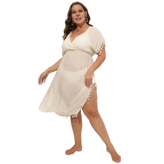 Women Bikini Cover Up Dress Solid Color V-Neck Short Sleeve Elastic High Waist Tassel Patchwork Cover Up Dress