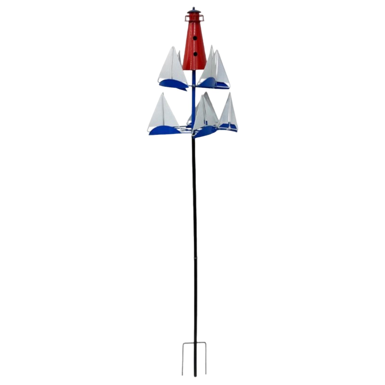 

3D Metal Outdoor Sailboat Lighthouse Windmill Garden Stake Decorative Yard Ornament with Rotating Sails for Lawn Patio One Size
