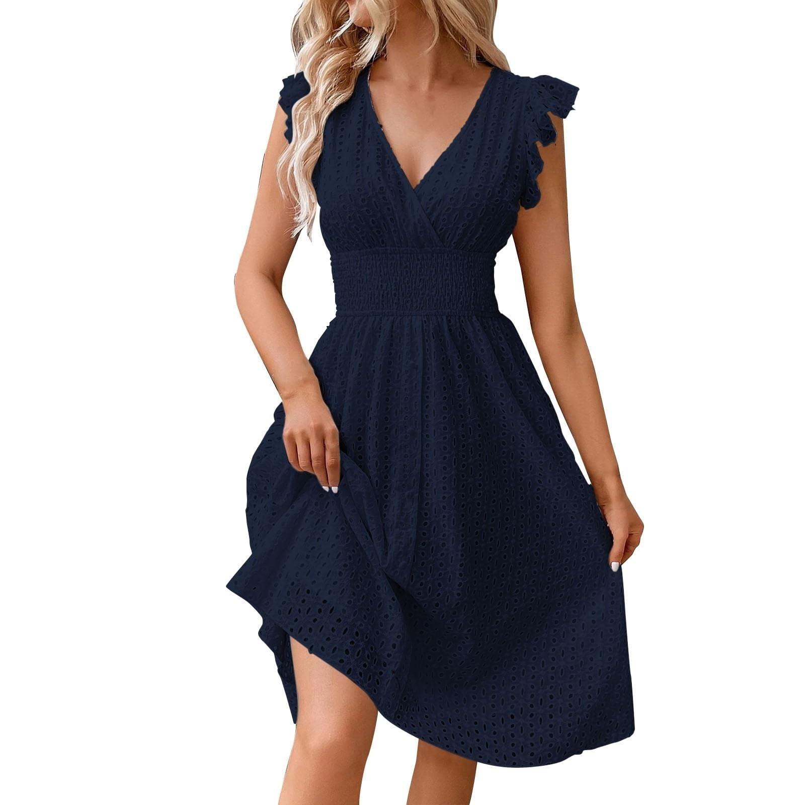 

Women s Fashion Ruffle Sleeve Mid-Length V-Neck Lace Hollow Color Casual Dresses S Темно-синій