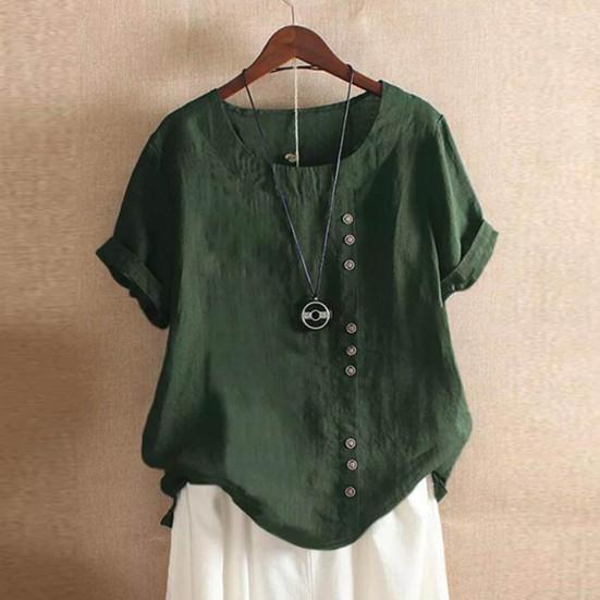 Summer Women T Shirt Loose Fit Round Neck Short Sleeve Solid Color Pullover Top Buttons Decor Daily Wear Tee