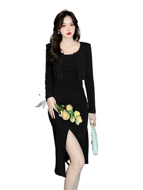 Spring Pure Desire Dress & Cardigan Set - Spaghetti Strap Slit Skirt + Long Sleeve Top