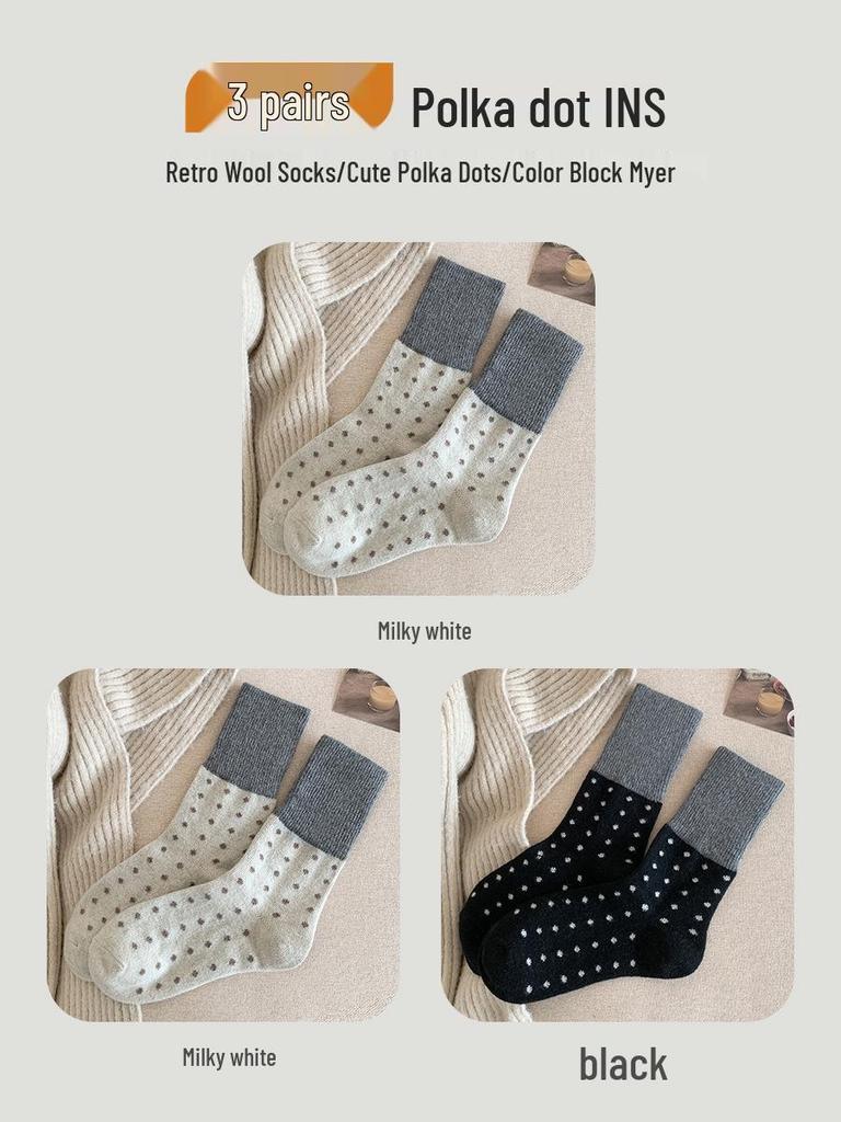 Women's Retro Polka Dot Mid-Calf Cashmere Socks - Warm & Thickened for Autumn/Winter