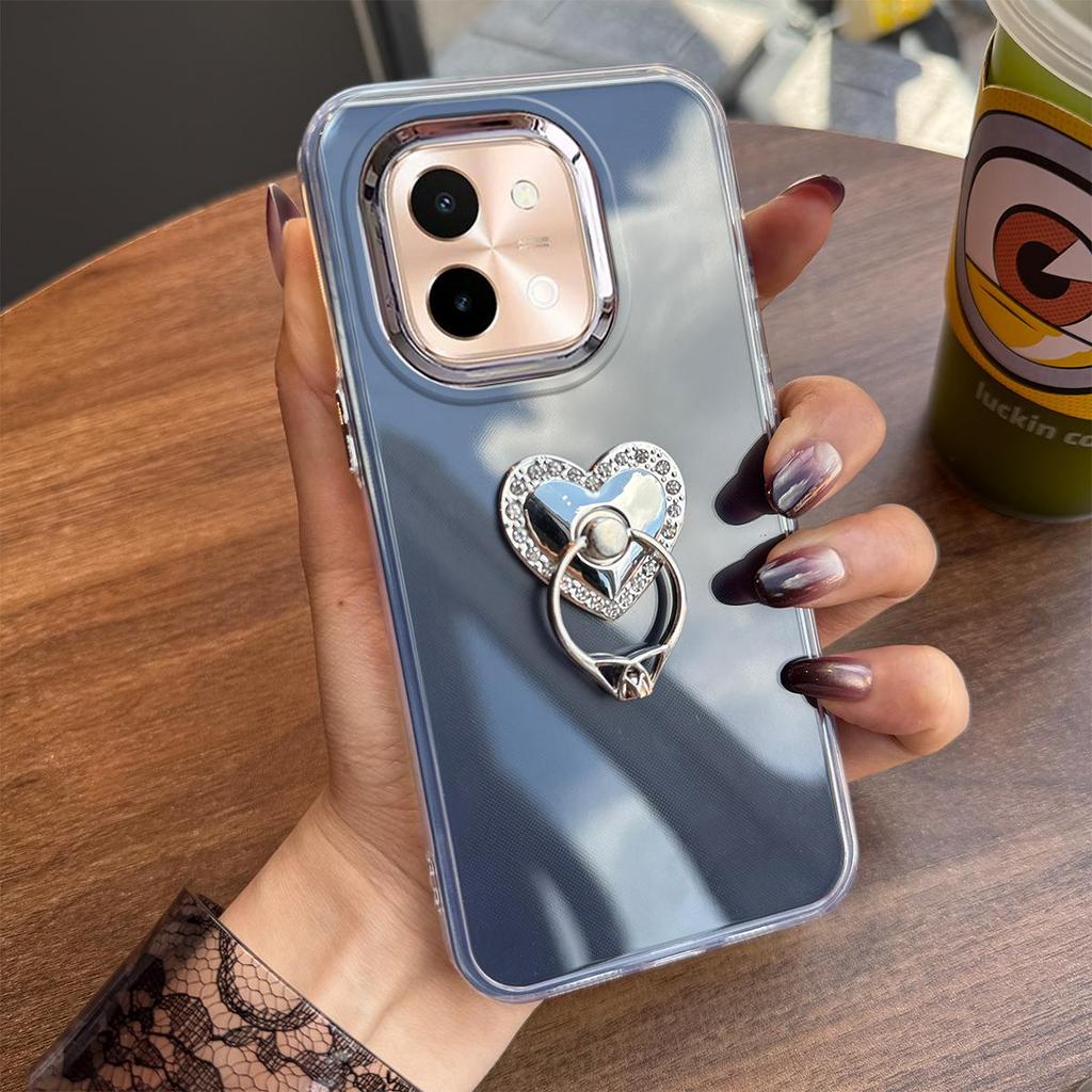 Luxury Bling Rhinestone Heart Ring Bracket Clear Phone Case for Vivo Y28s 5G,Y03,Y03t Stand Cover