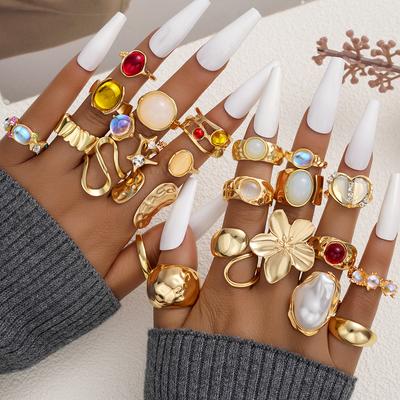 Bloemen Edelsteen Ringenset Voor Vrouwen Vintage Onregelmatige Lavatextuur Opale Inlegringen Trendy Statement Sieraden