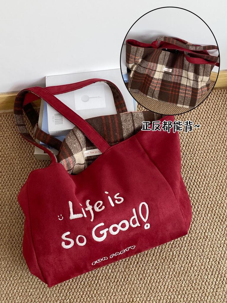 Autumn Plaid Women Double-Sided Woolen Shoulder Bags Large Capacity Ladies Suede Casual Tote Letter College Style Girls Handbags