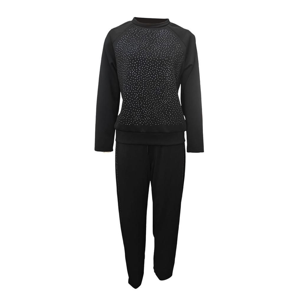 2 Teile/satz Frauen Top Hosen Anzug Strass Dekor O Hals Langen Ärmeln Patchwork Sport Sweatshirt Elastische Taille Hose Fitness Outfit Herbst frühling