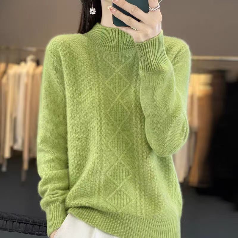 Pletený svetr pulovr s polovičním vysokým límcem pro ženy podzim a zima jednobarevný s dlouhým rukávem volný ležérní svetr