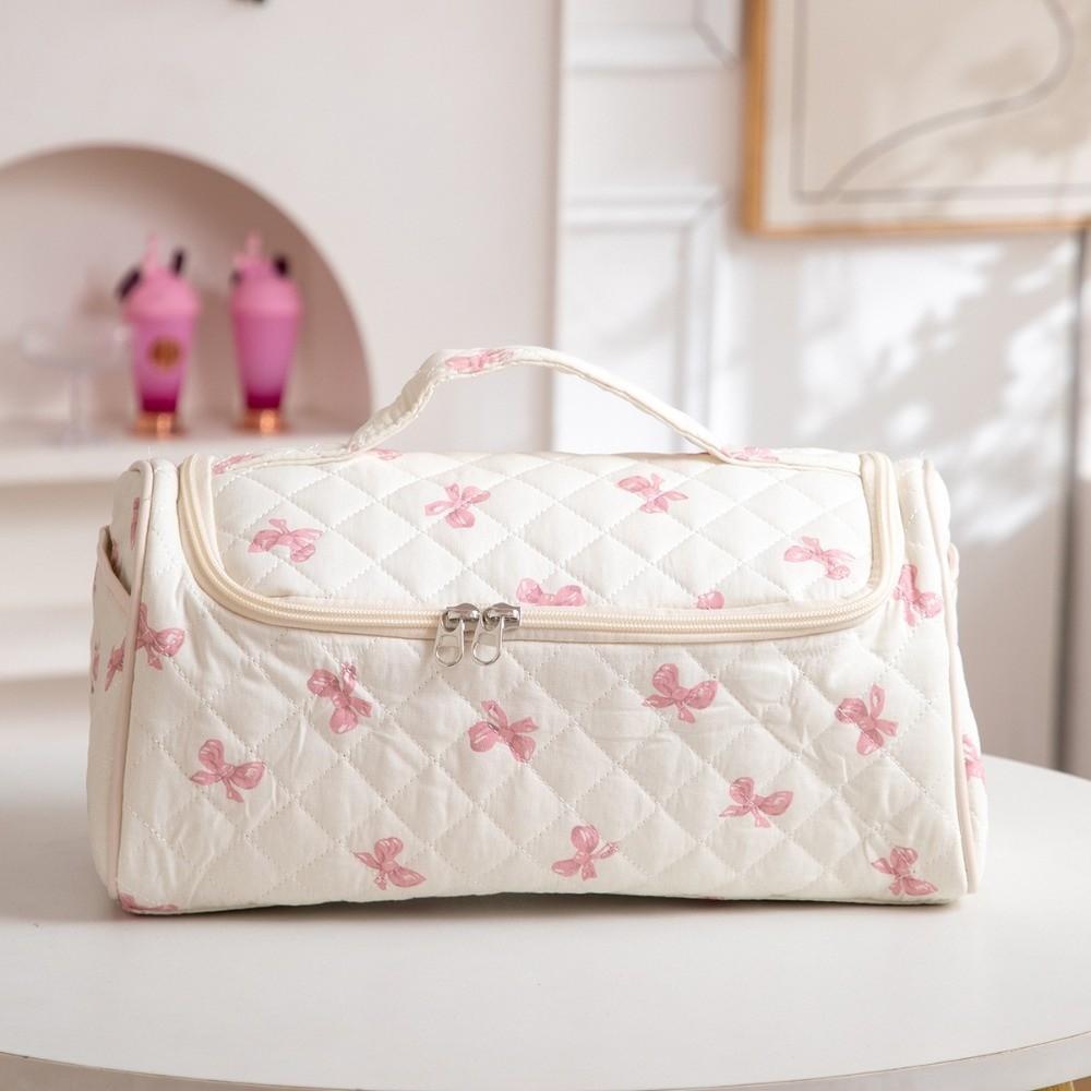 Trendy Toiletry Bag Quilted Makeup Bag Large Capacity Portable Cosmetic Bag Bowknot High-quality Travel Storage Pouch for Women