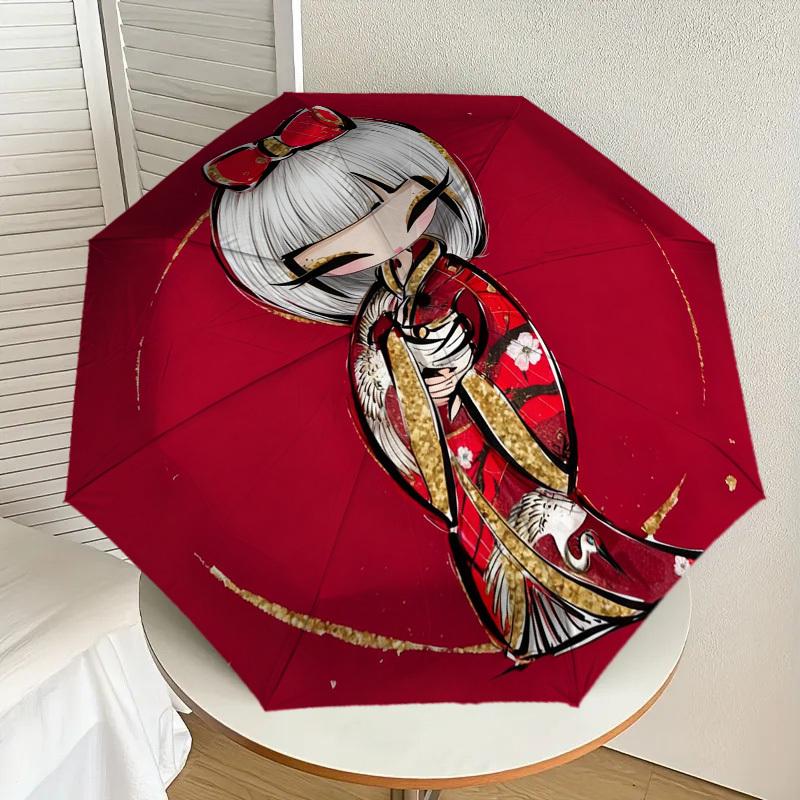1pc Kimono Flowers Automatic Folding Umbrella, Heavy Duty 8 Rib Iron Frame,  Suitable for Travel, Daily Use, Birthday, Decor Gift m0104023