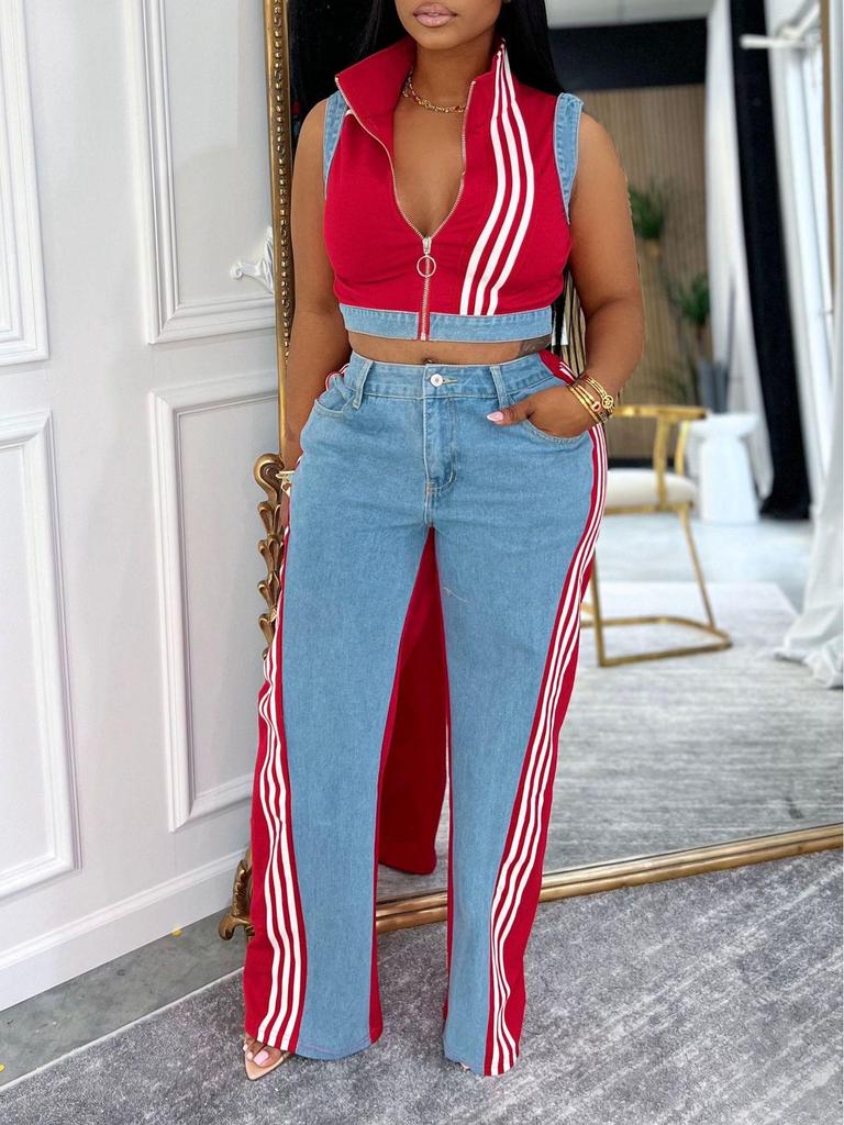 European and American Women's Sleeveless Patchwork Striped Jeans Two-piece Set - Summer Collection