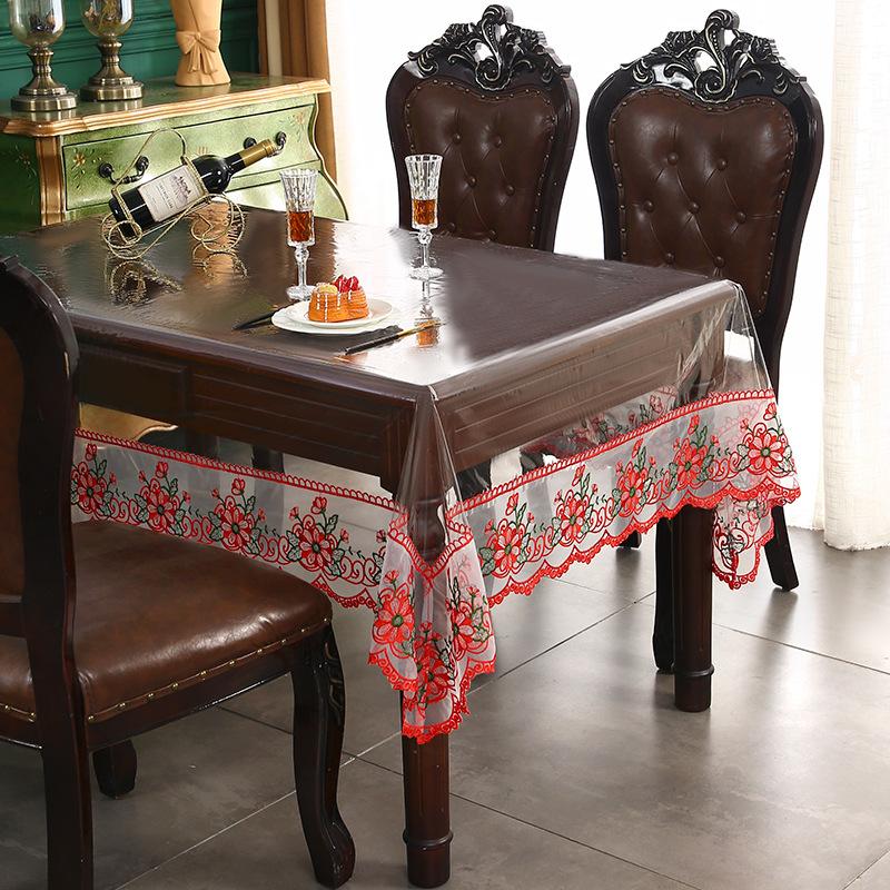 Waterproof Table Cloth PVC Transparent Soft Dining TableCloth Lace Embroidered Oil-proof Table Cover Coffee Table Crystal Plate