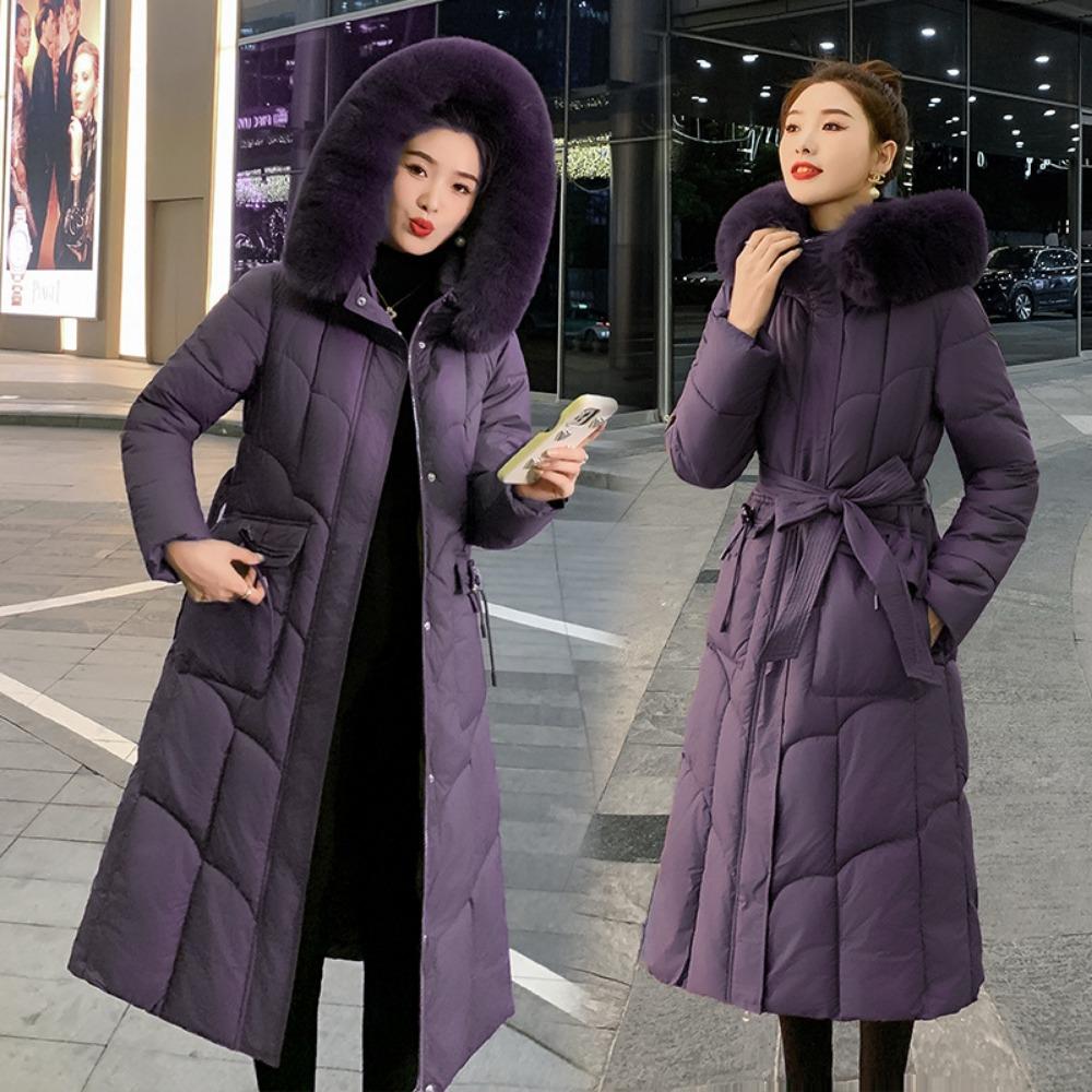 Women's long over-knee solid-color cotton-padded clothes, new autumn and winter Korean version waist fashion big fur collar down cotton clothes