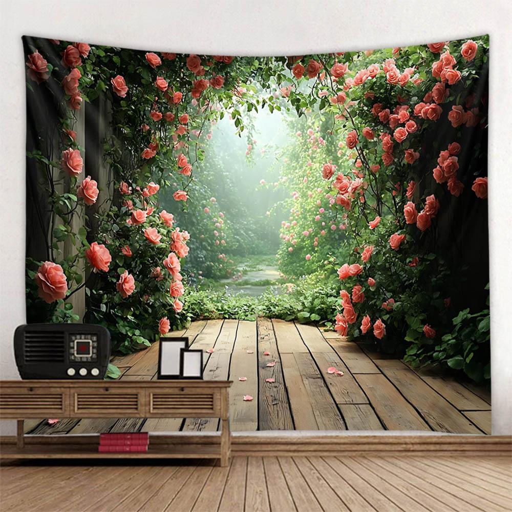 Window floral tapestry balcony green plant wall hanging art, bedroom decoration, background poster, home life, picnic mat