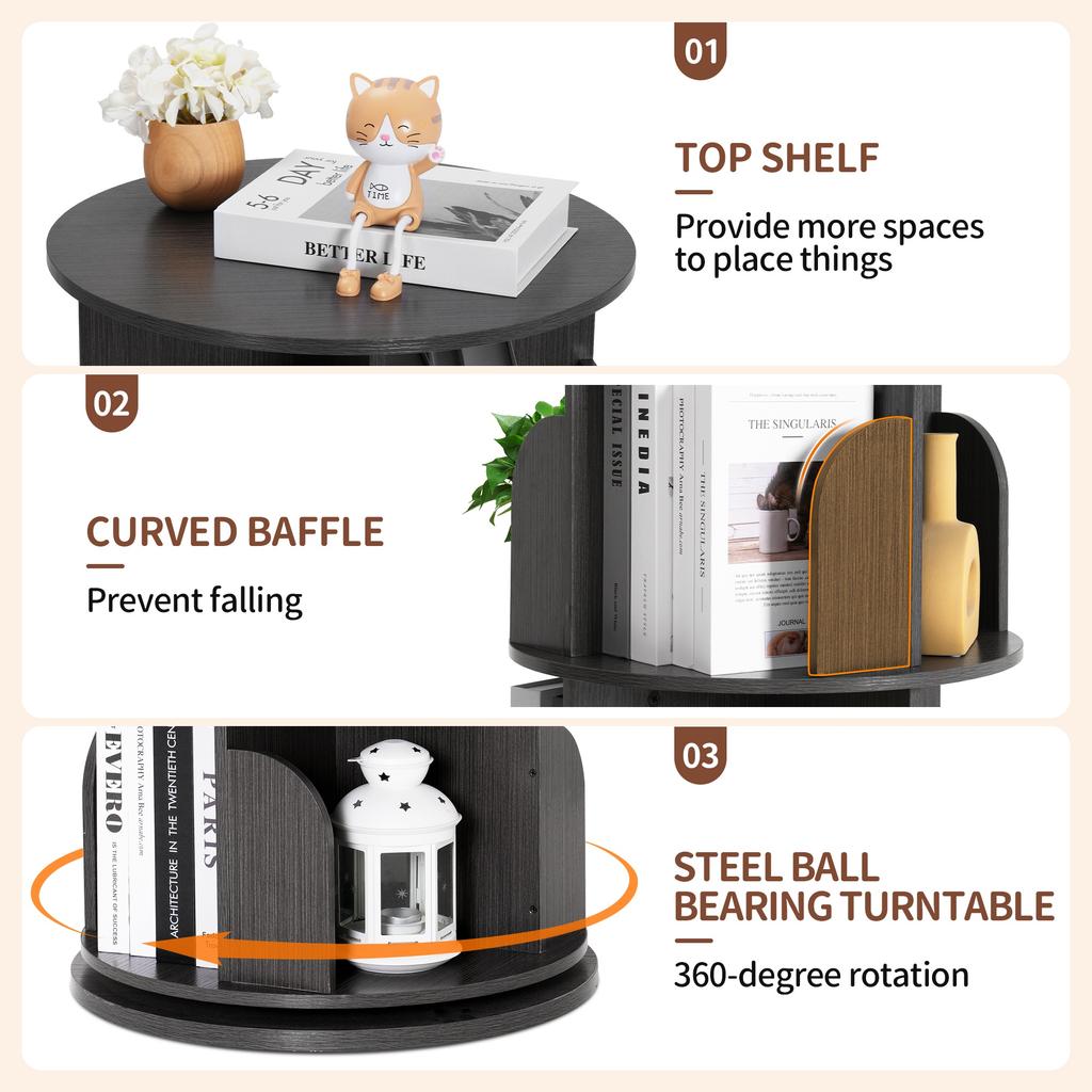 Rengue Rotating Bookshelf Tower, 4 Tiers 360 Spinning Book Case Revolving Book Shelf Corner Organizer Display ,18" Wide, Grey