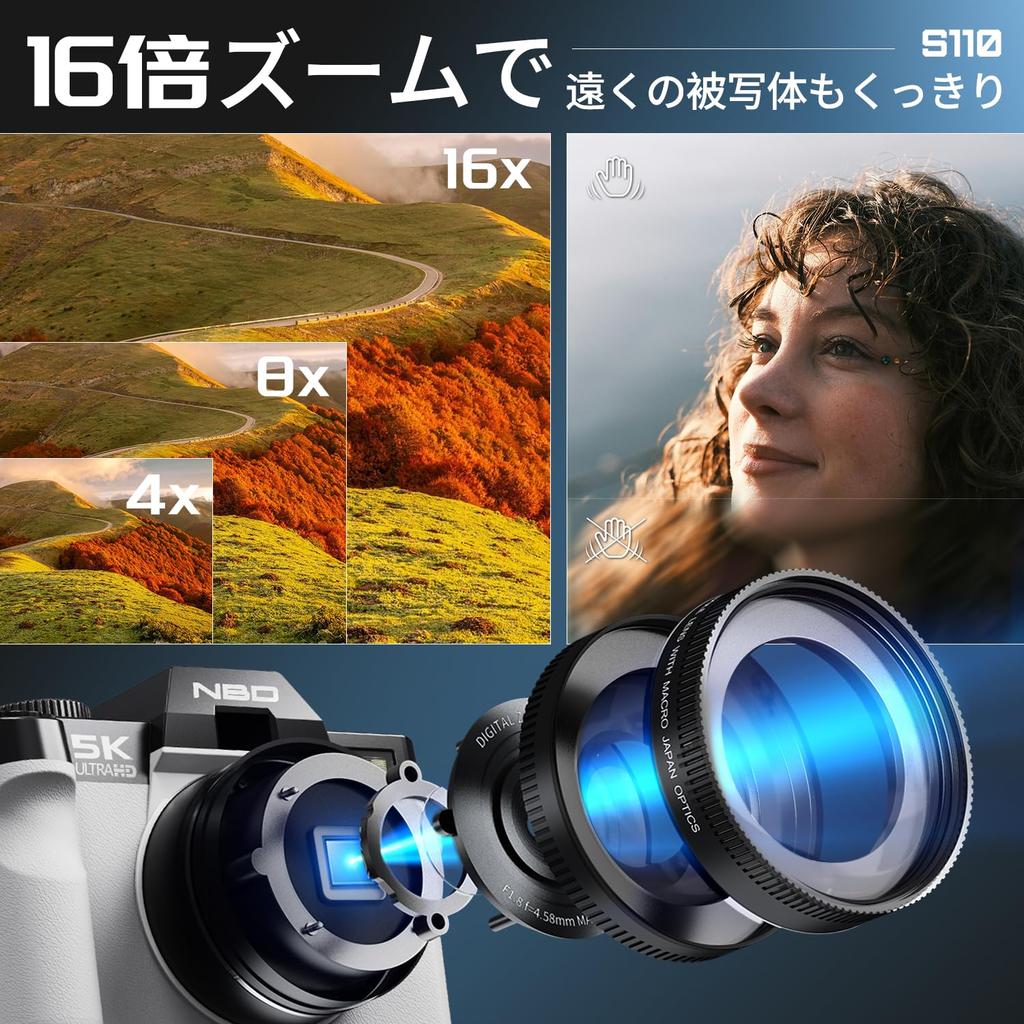 NBD 5K 48MP Digital Camera and App 16x Zoom SLR Camera with Flip Screen Image Stabilization Macro Lens Webcam Function [Wi-Fi Control] 180°