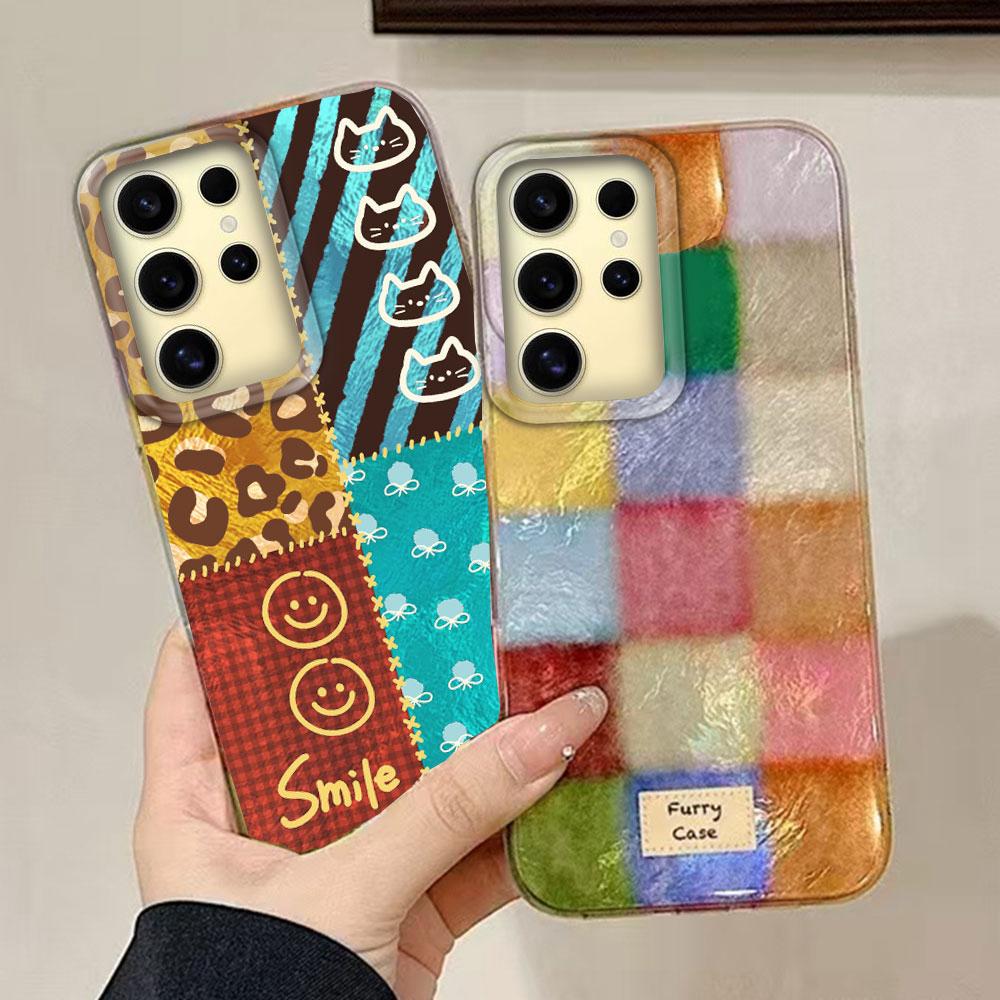 Color Block Match Plaid Women Girls Vortex Texture Phone Case for Samsung Galaxy S25 Edge S24 S23 S22 S21 FE Plus Ultra Cover