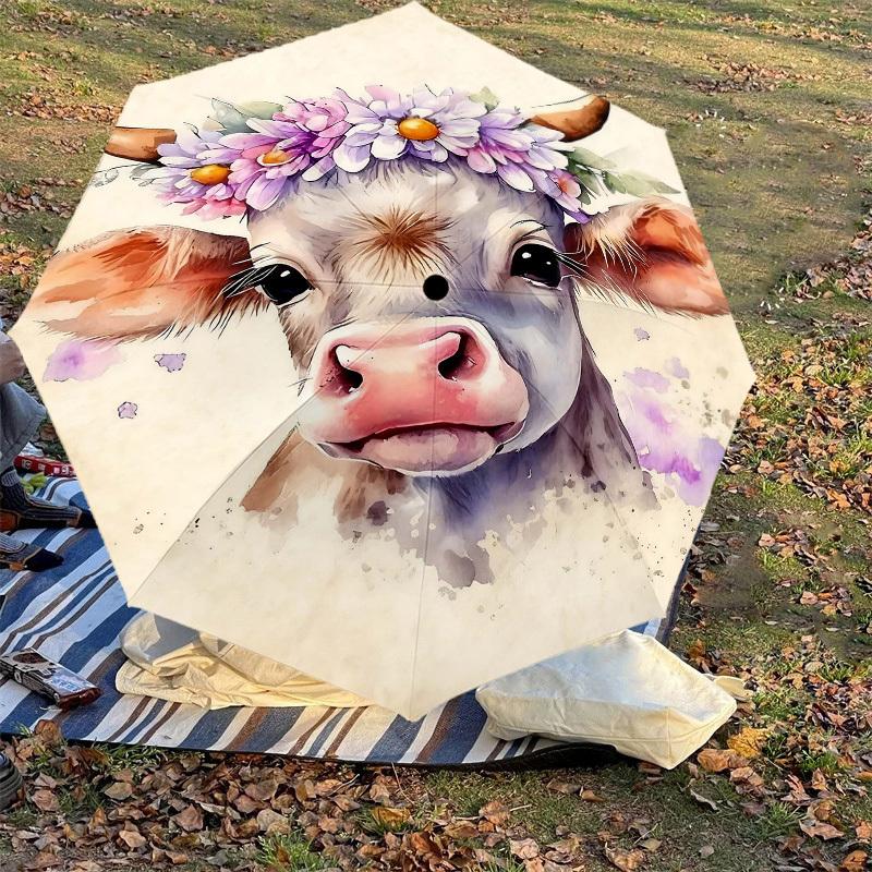 1pc cow, floral Automatic Open/Close Umbrella Compact Folding Umbrella with 8-Rib Shaft for Women/Men, Elegant Birthday1324S