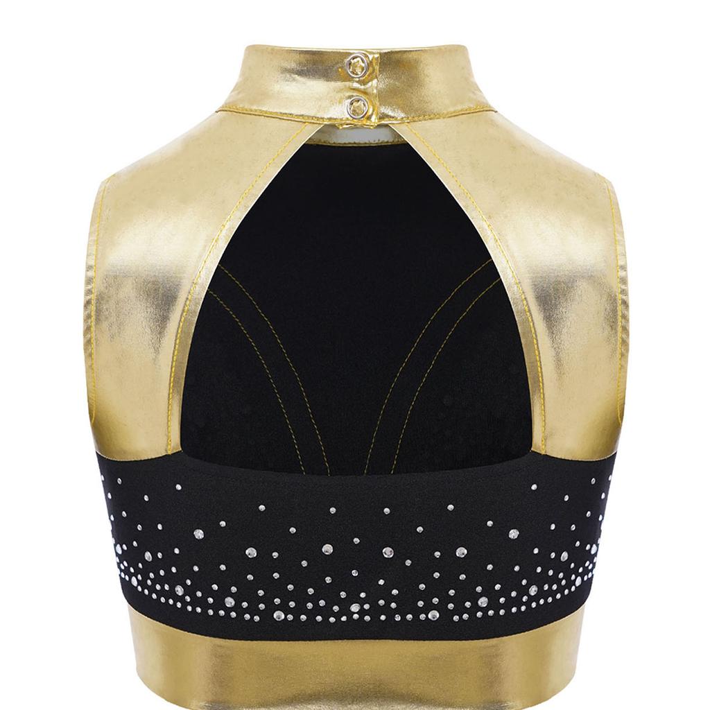Dívčí taneční crop top s falešným rolákem, bez rukávů, s výřezem na zádech, lesklými kamínky, barevným blokováním, na vystoupení