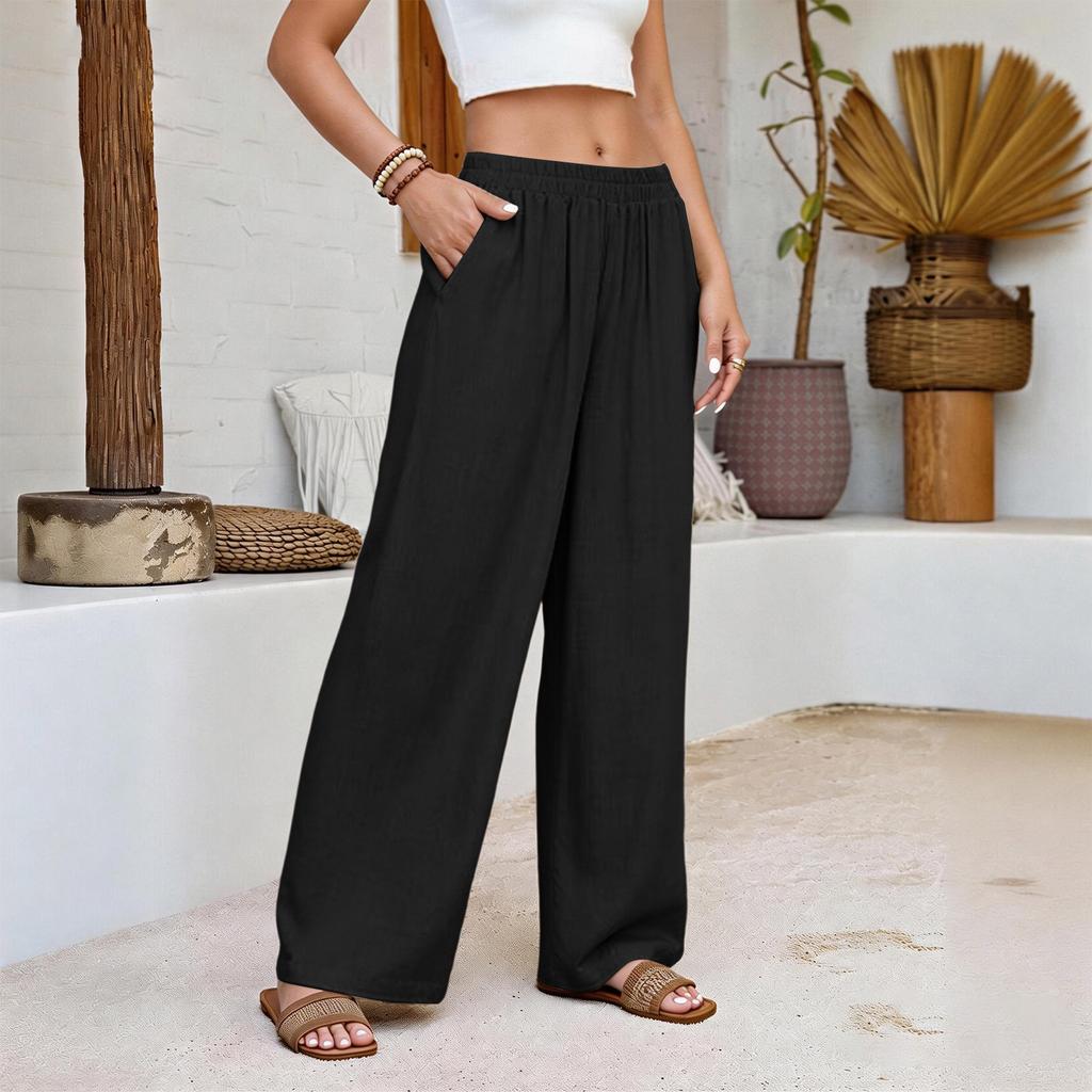 Damen Baumwolle Leinen Bequem Farbe Locker Elastischer Bund Lässig Weites Bein Hose