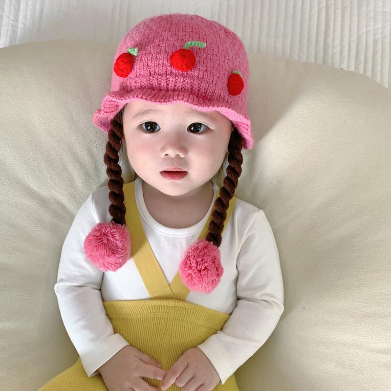 Knitted Princess Hat Cute Cartoon Cherry Wig Braid Winter Ear Protection Warm Windproof Hat For Party