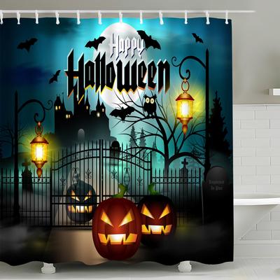 Cortinas de Ducha de Calavera de Halloween Cuervo Bosque Espeluznante Calabaza Castillo Luna Murciélagos Negros Noche de Terror Decoración de Baño Tela con Ganchos