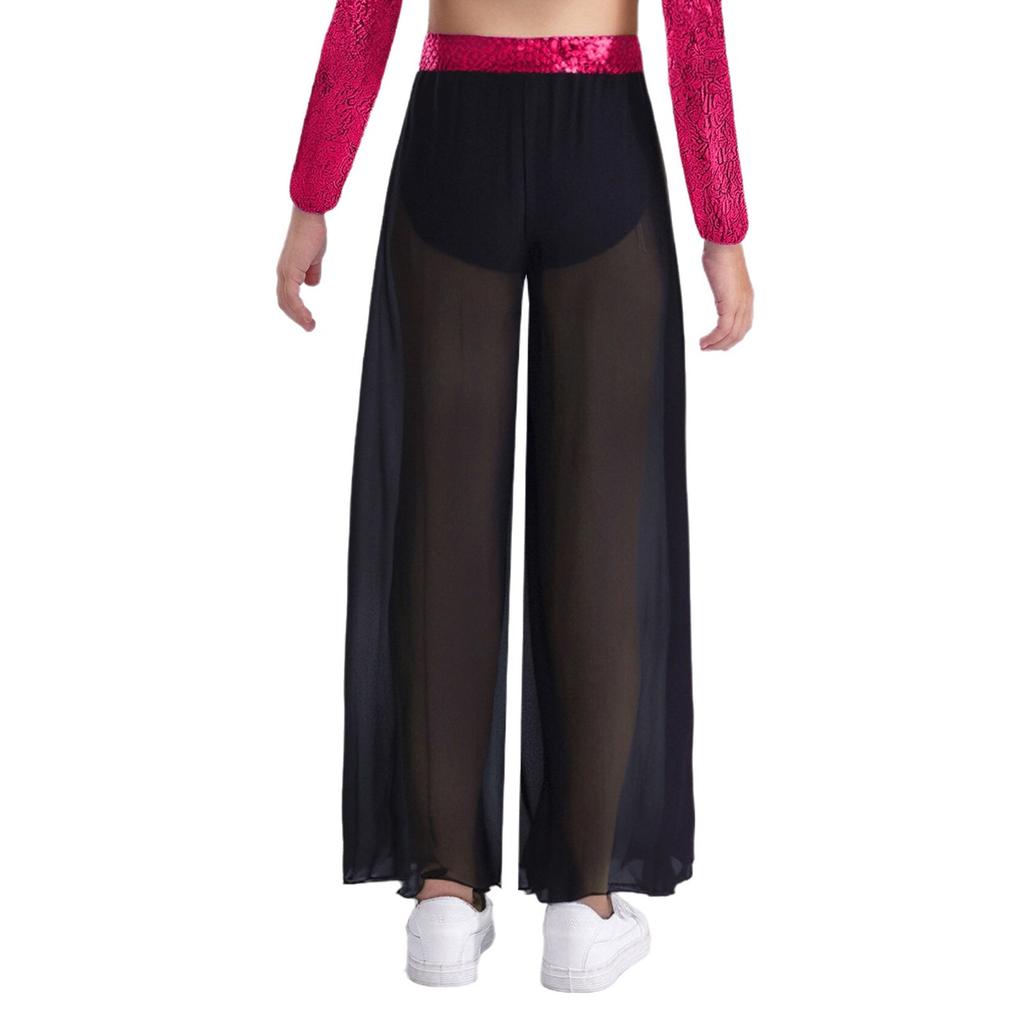 Fließende Chiffon-Überlage Tanzhose für Mädchen Weiter Bein Seitenschlitz Design Paillettenbund Performance Hose