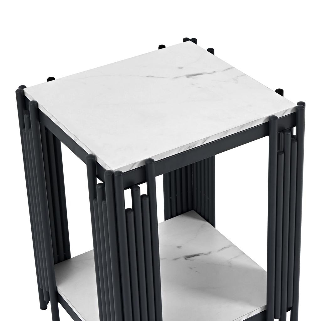 Modern nightstand with 2 shelves, black metal frame, side table in marble look, MDF, for bedroom and hallway, White and Black - H55/W43/D40 cm