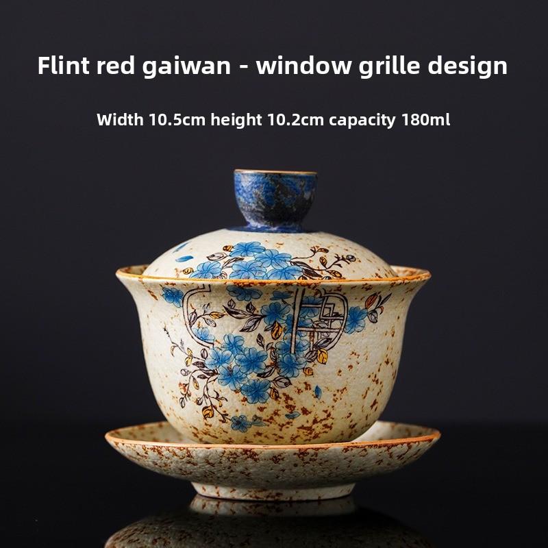 Blue and White Flint Red Lidded Tea Bowl, Ceramic Home/Office Tea Set, Personal Tea Drinking Gongfu Teaware with Hovering Lid.