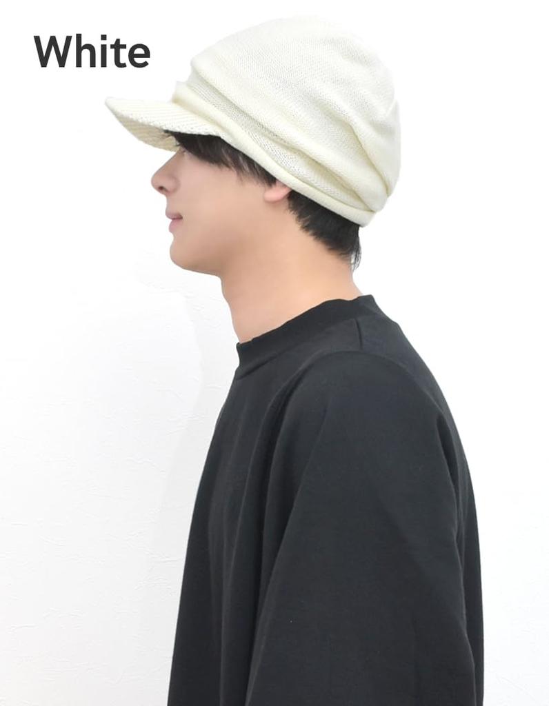 Loo&c Men's Large Brim Knit Cap, 100% Cotton, Relaxed Fit, Unisex, All-Season Cold Weather Knit Newsboy Cap, White, One Size Fits Most (56-64cm)