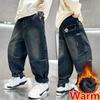 Cowboy Autumn Winter Big Boy Thermal Jeans High Street Denim Pants Kids Retro Blue Warm Baggy Insulated Jeans Trousers For Kids