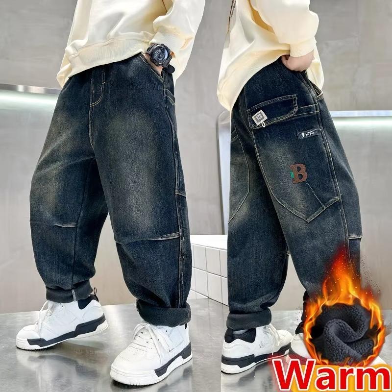 Jeans Termici Autunno Inverno da Cowboy per Ragazzo Grande Pantaloni di Tessuto Denim High Street Jeans Retro Blu Caldi Larghi Imbottiti Pantaloni per Bambini
