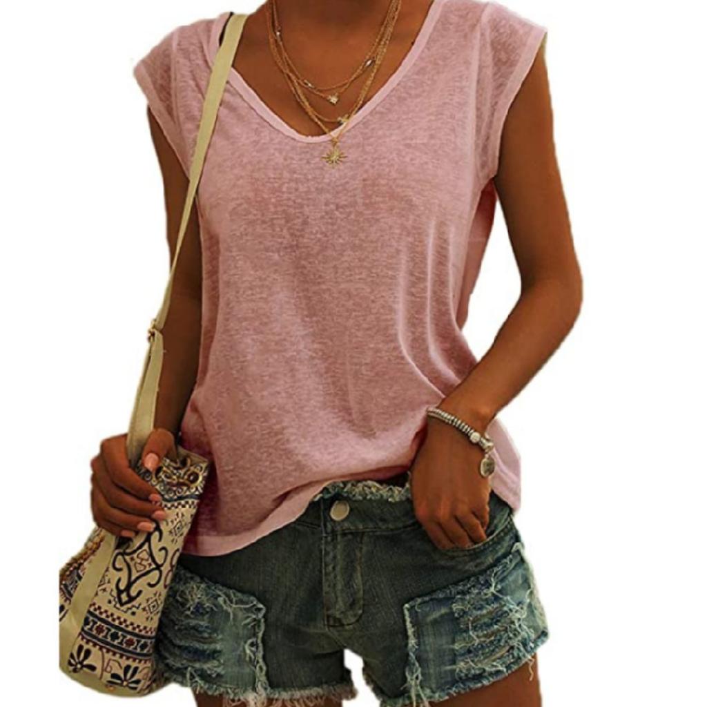 Women's Fashion Solid Color Cap Sleeve V Neck Casual Loose Short Sleeve T-Shirt Top