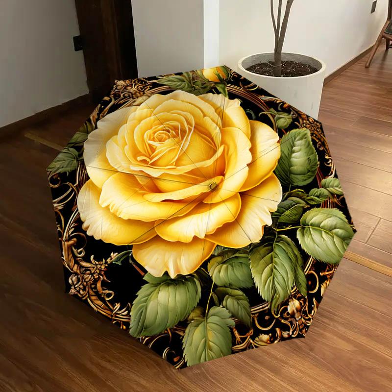 1 Stück Goldene Rose Ornament Regenschirm mit Kunststoffgriff, Geeignet für Alle Jahreszeiten Zuhause Reise Outdoor RegenschirmDD1260