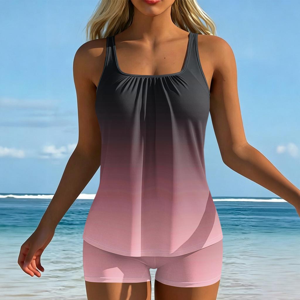 Women’s Gradient Tankini Set with Square Neck Top and Boyshorts Comfortable Swimwear for Pool Beach Vacation